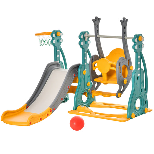 3-IN-1 Kids Swing and Slide Set with Basketball Hoop Slide Swing Adjustable Seat Height Toddler Playground Activity centre Indoor and Outdoor Play Equipment