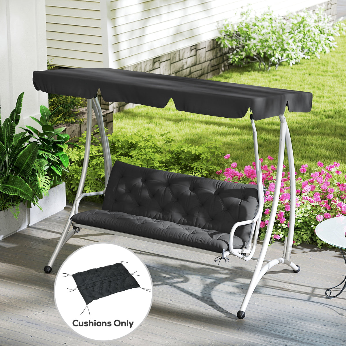 3 Seater Bench Pad, Garden Swing Chair Cushion with Back and Ties, Tufted Style Garden Furniture Window Seat Cushion for Indoor and Outdoor Use, 98 x 150 cm, Black