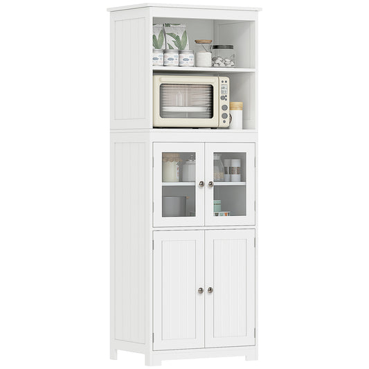 Freestanding Kitchen Cupboard, 4-Door Storage Cabinet with Adjustable Shelf and Glass Doors for Dining Room, Living Room, White