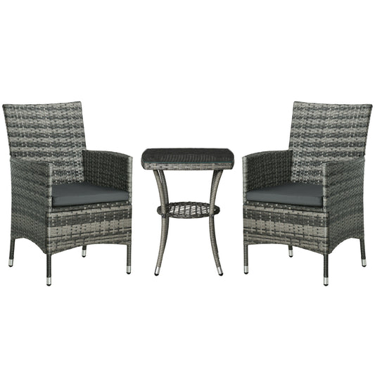 3 Pieces Rattan Bistro Set, Wicker Garden Furniture Set with 2-Tier Coffee Table and Chairs, Washable Cushions, for Outdoor Patio Balcony, Mixed Grey