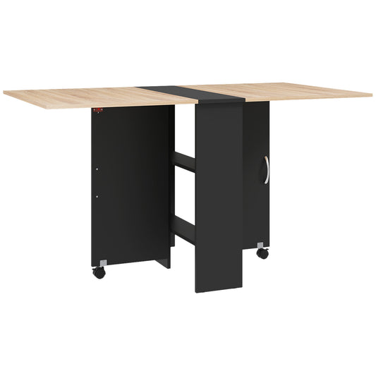 80-140 cm Folding Dining Table for 4-6 People, Drop Leaf Table with 2-Tier Shelves, Rolling Casters, for Small Spaces, Kitchen, Flat, Dining Room, Oak and Black