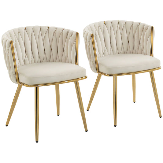 Velvet-Feel Dining Chairs Set of 2, Modern Upholstered Armchair with Knot Design and Golden Metal Legs, Accent Chair for Dining Room, Bedroom, Kitchen, Living Room