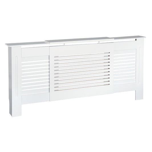 Extendable Radiator Cover, Modern MDF White Painted Cabinet with Horizontal Slats for Living Room, Bedroom, 139-208.5x 20.5 x 82.5 cm