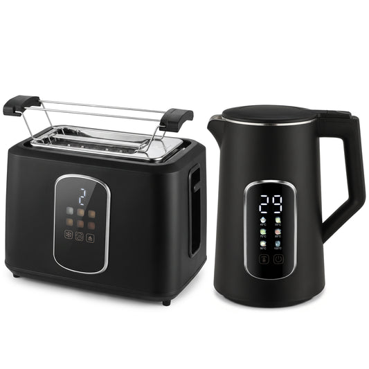 Kettle and Toaster Set with LED Touch Screen, Kettle with Strix Thermostat, 2 Slice Toaster w/ 6 Browning Levels, Black
