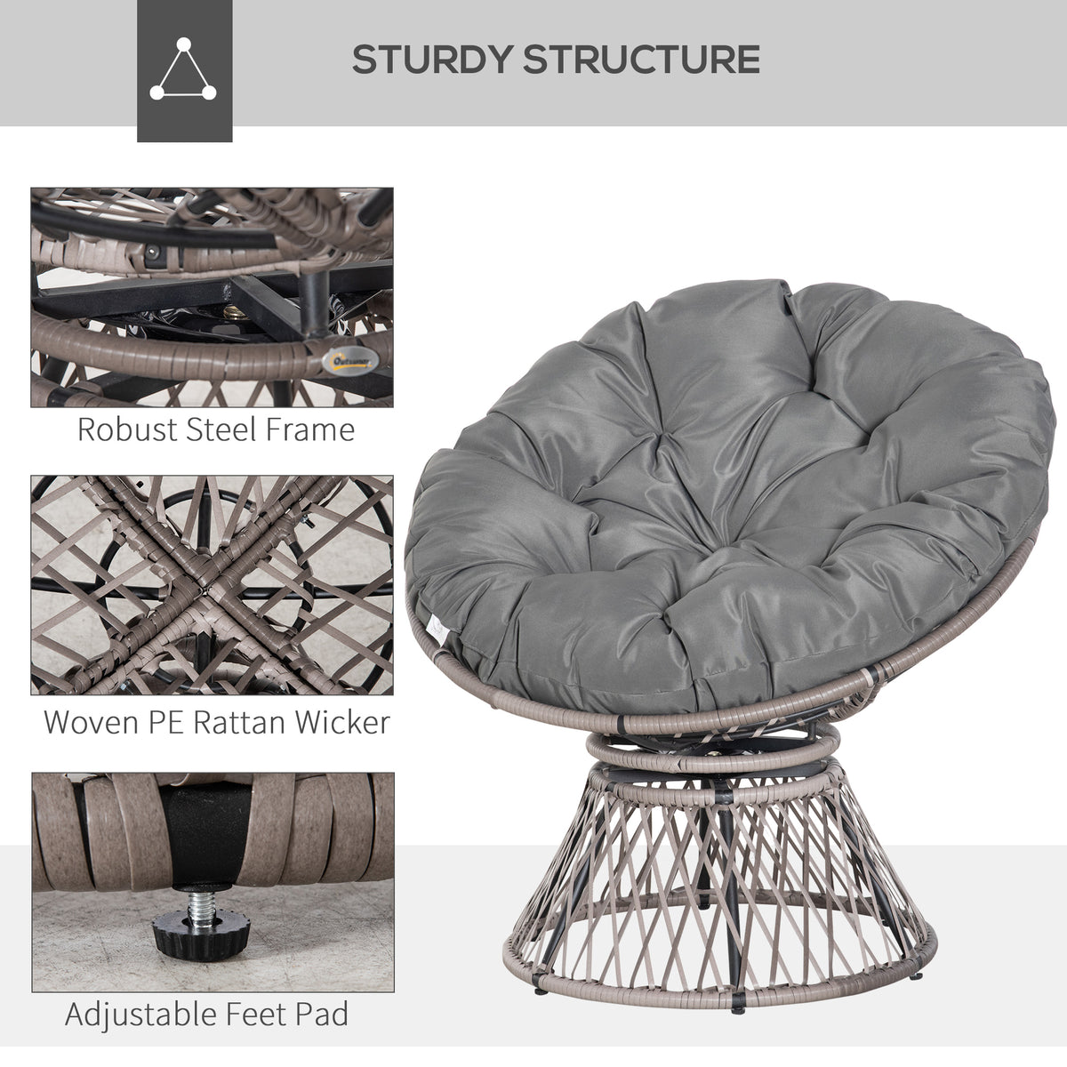 360° Swivel Rattan Papasan Moon Bowl Chair Round Lounge Garden Wicker Basket Seat with Padded Cushion Oversized for Outdoor Indoor, Grey