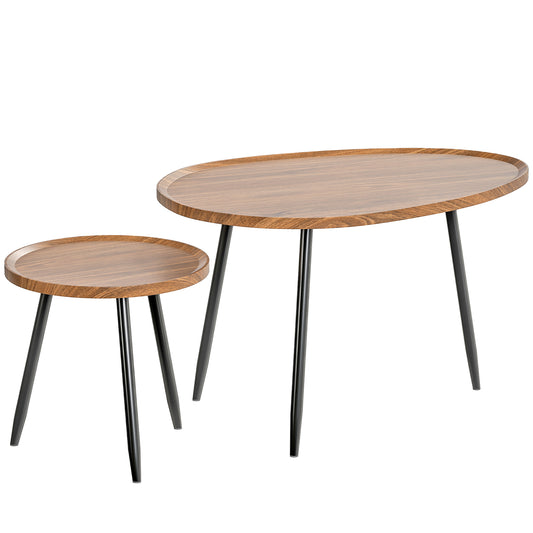 Nesting Coffee Table Set of 2, 80cm Modern Stacking End Side Table with Metal Legs for Living Room Bedroom Office, Chestnut Wood Effect