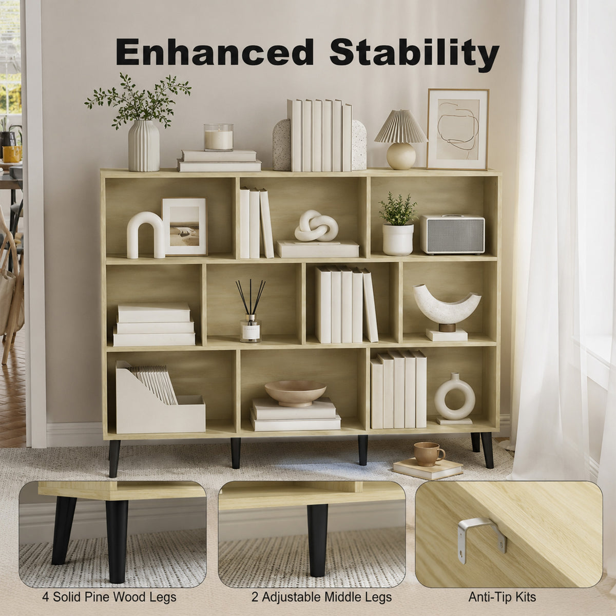 10-Cube Bookcase, 3-Tier Book Shelf with Solid Wood Legs, 140 cm Modern Bookshelf with Anti-Tip Kit