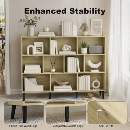 10-Cube Bookcase, 3-Tier Book Shelf with Solid Wood Legs, 140 cm Modern Bookshelf with Anti-Tip Kit