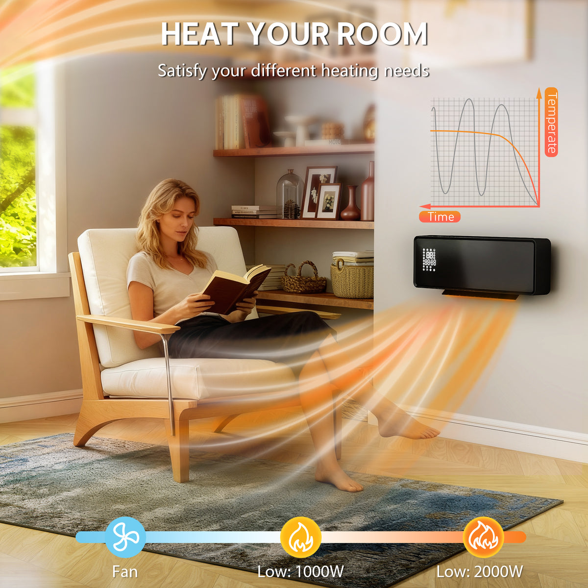 2000W Ceramic Electric Heater with Fan, Adjustable Thermostat, Wall Mounted