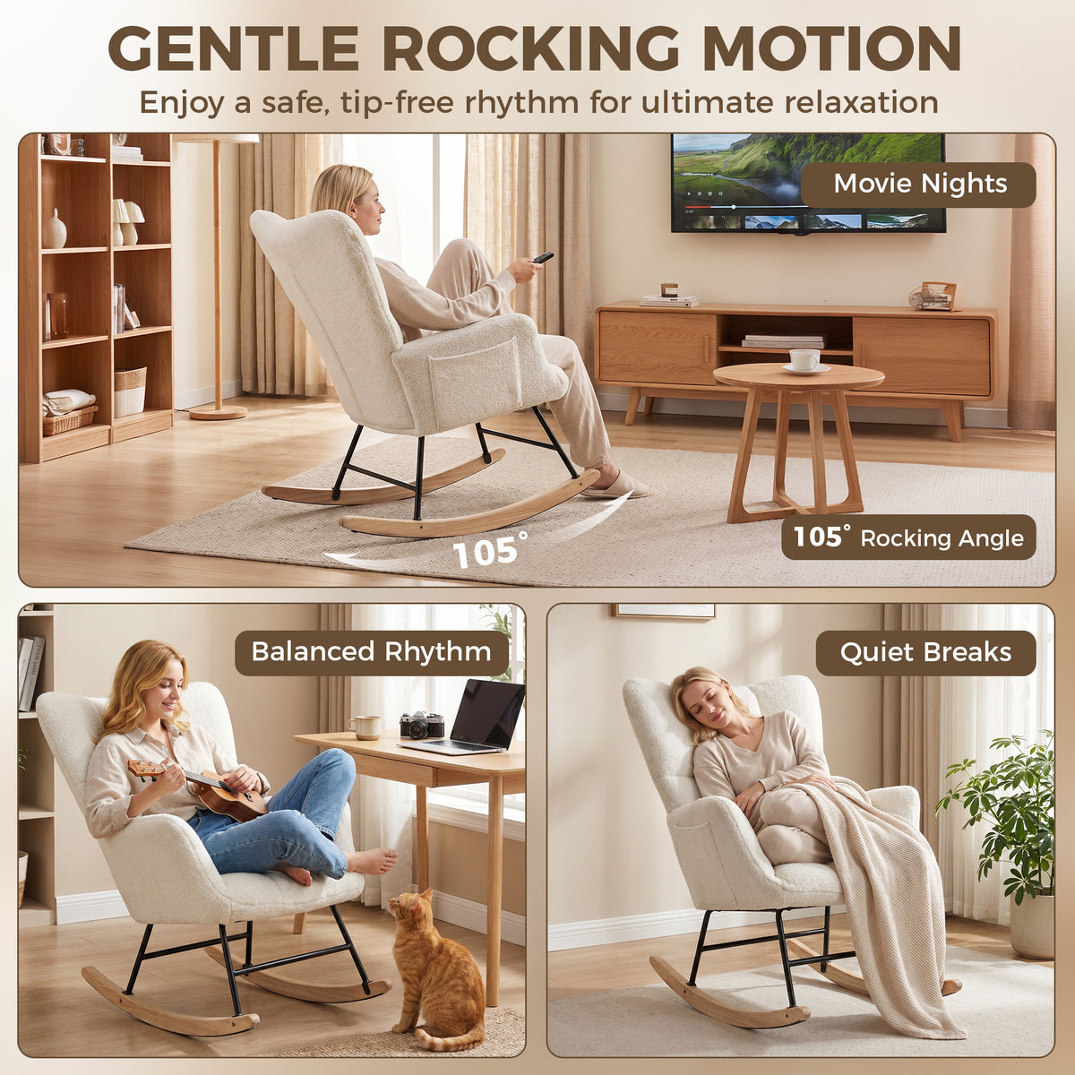 Rocking Chair, Teddy Fleece Rocker Chair with Tufted Wingback, Side Pockets, Rubber Wood Legs