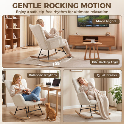 Rocking Chair, Teddy Fleece Rocker Chair with Tufted Wingback, Side Pockets, Rubber Wood Legs