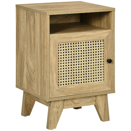 Narrow Rattan Nightstand, Side End Table with Shelf and Cupboard, 39cm x 35cm x 60cm, Natural