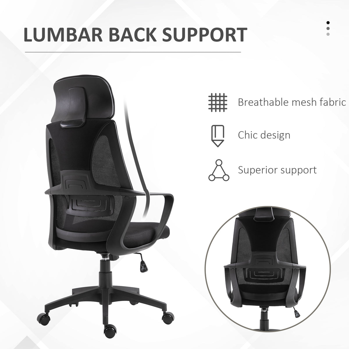 Ergonomic Office Chair, High Back Computer Chair, Mesh Desk Chair with Lumbar Support, Headrest, Wheel, Adjustable Height, Black