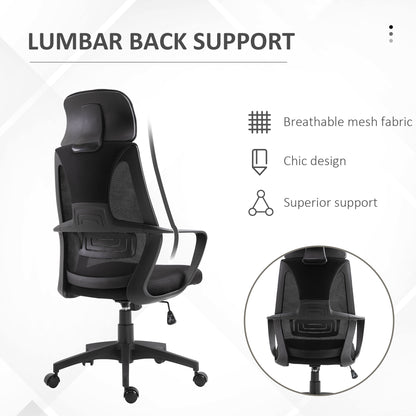 Ergonomic Office Chair, High Back Computer Chair, Mesh Desk Chair with Lumbar Support, Headrest, Wheel, Adjustable Height, Black