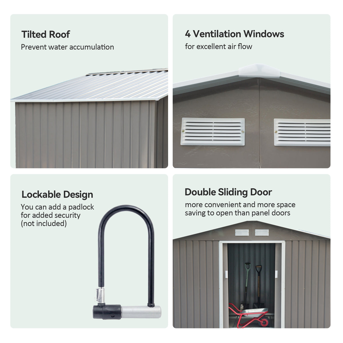 9 x 6FT Outdoor Garden Roofed Metal Storage Shed Tool Box with Foundation Ventilation & Doors Light, Grey