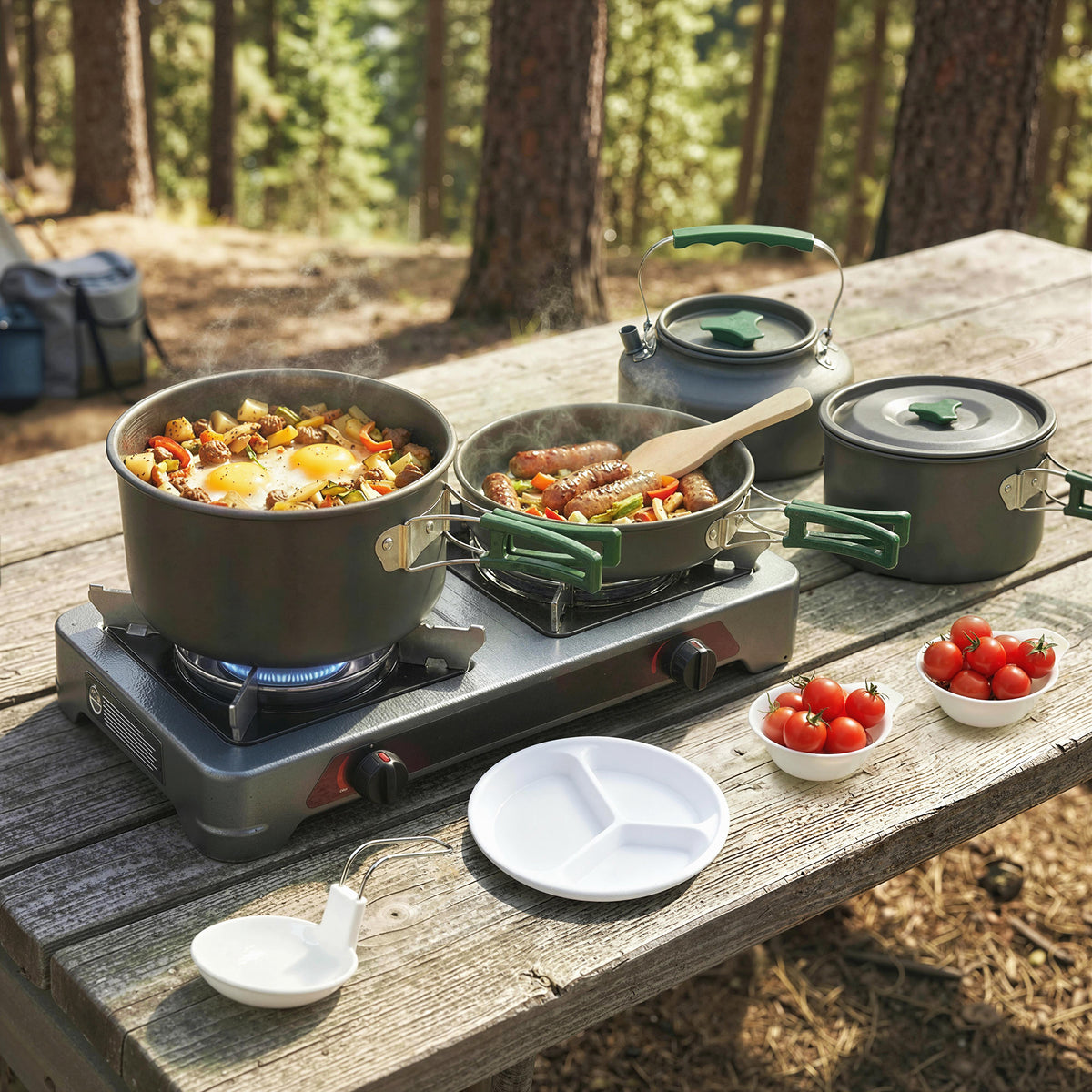 Camping Cookware Set for 4-5 People, Lightweight Aluminium Camping Cooking Kit with Anti-Scald Handles, Grey