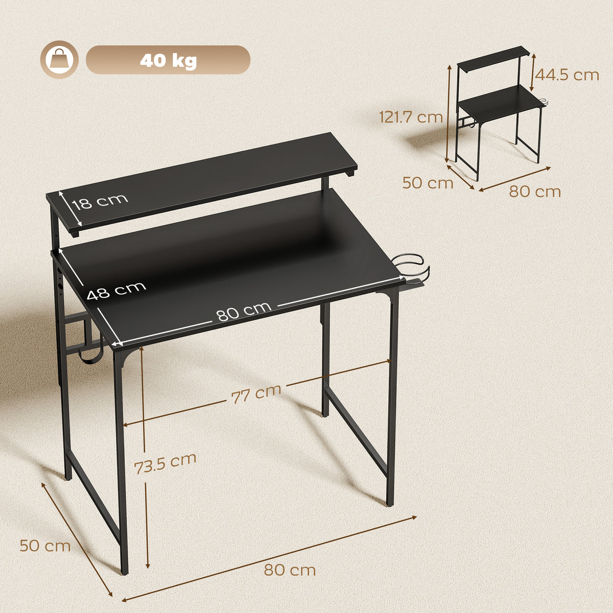 Computer Desk, 80cm Home Office Study Table with Hutch Shelf, Cup Holder, Headphone Hook