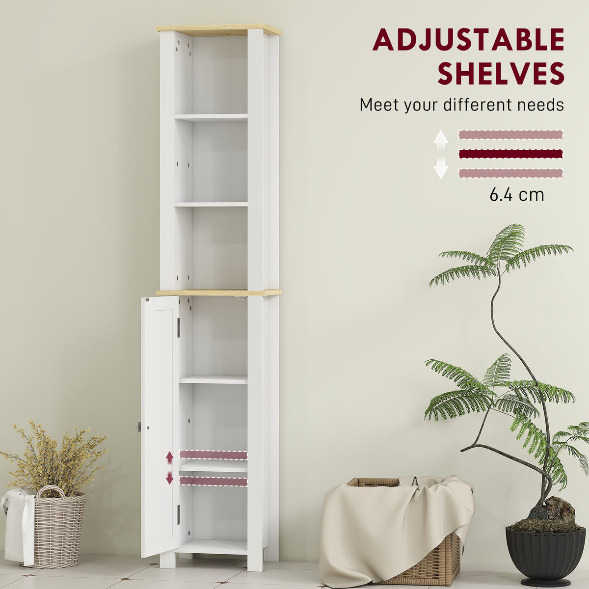 Slim Bathroom Storage Unit with Open Compartment, Bathroom Storage Cabinet with Adjustable Shelf, 34 x 23 x 165 cm, White