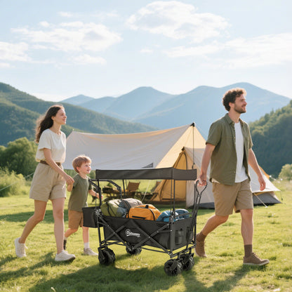 180L Festival Trolley on Wheels, Push & Pull Beach Cart with Removable Canopy, Wide All-Terrain Wheels, Folding Camping Trolley Cart, Adjustable Handle for Garden Fishing Shopping