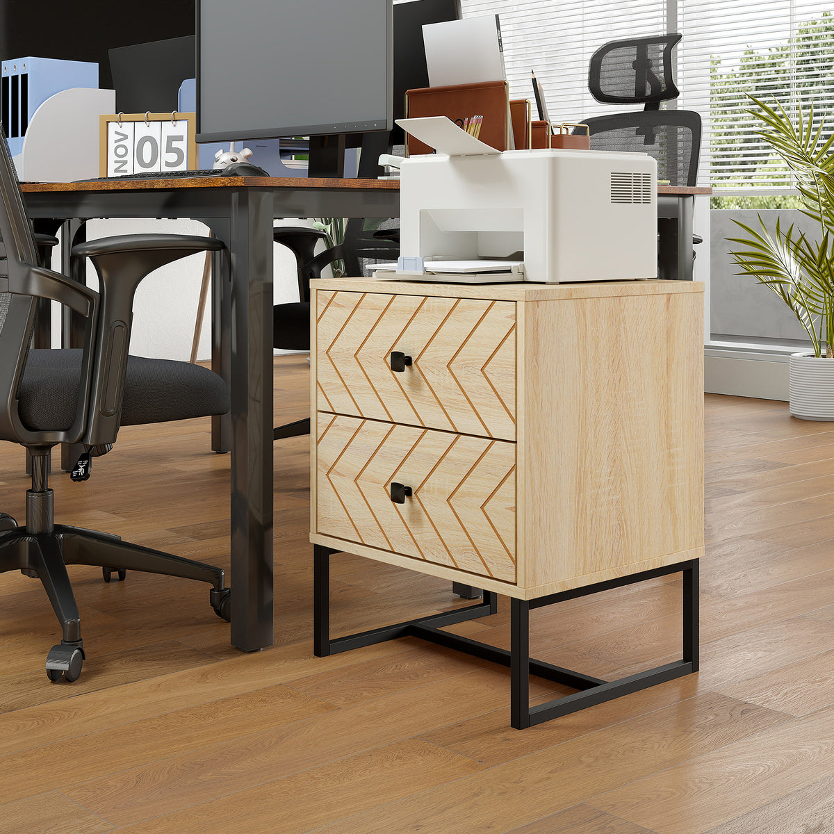 Bedside Table Nightstand Two-Drawer Bedroom Storage Unit Zig Zag Design with Black Metal Handles, Natural