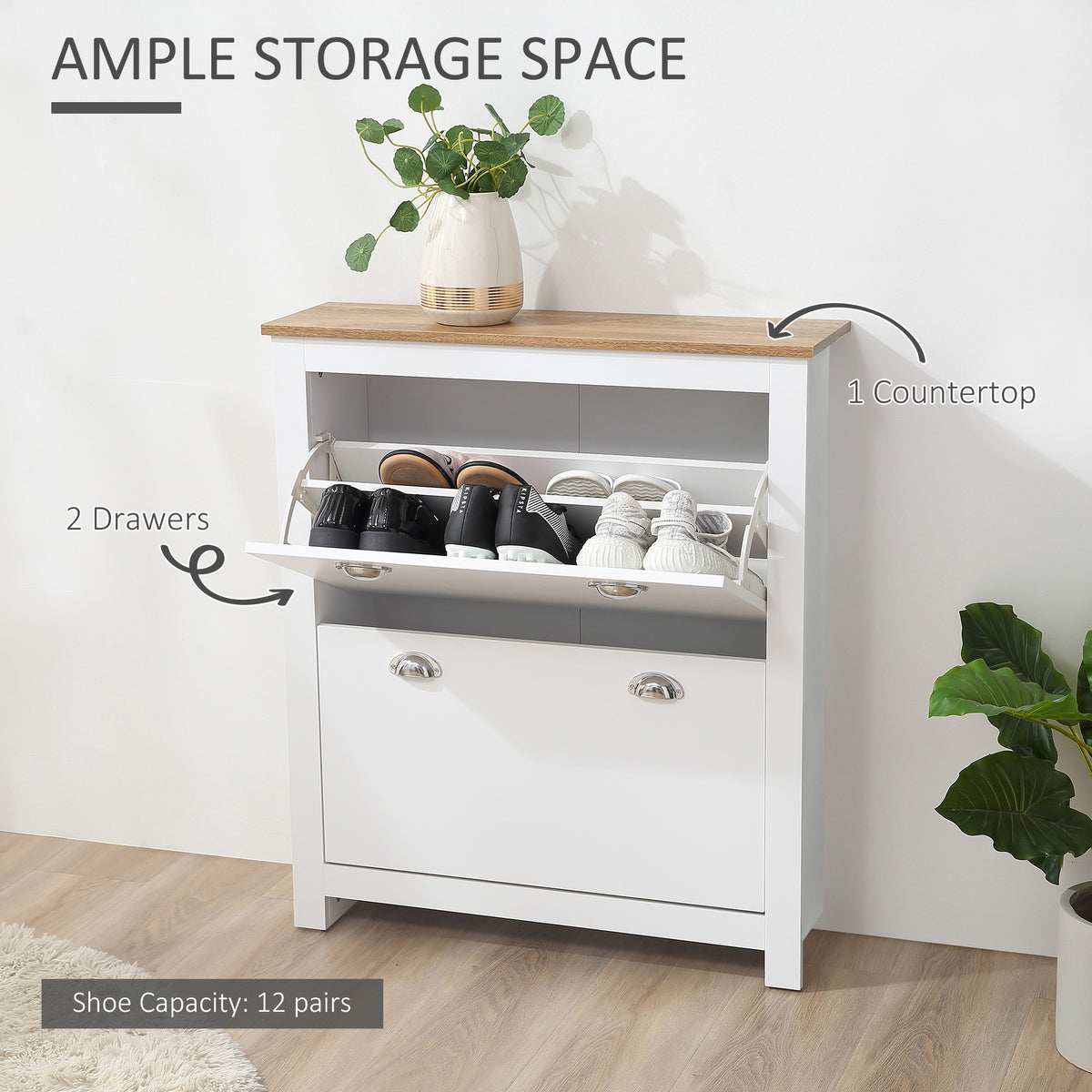 2 Drawer Shoe Cabinet Modern Narrow Shoe Cupboard Hallway Wooden Storage Organiser with Flip Doors Adjustable Shelf for 6-12 Pairs