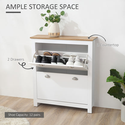 2 Drawer Shoe Cabinet Modern Narrow Shoe Cupboard Hallway Wooden Storage Organiser with Flip Doors Adjustable Shelf for 6-12 Pairs