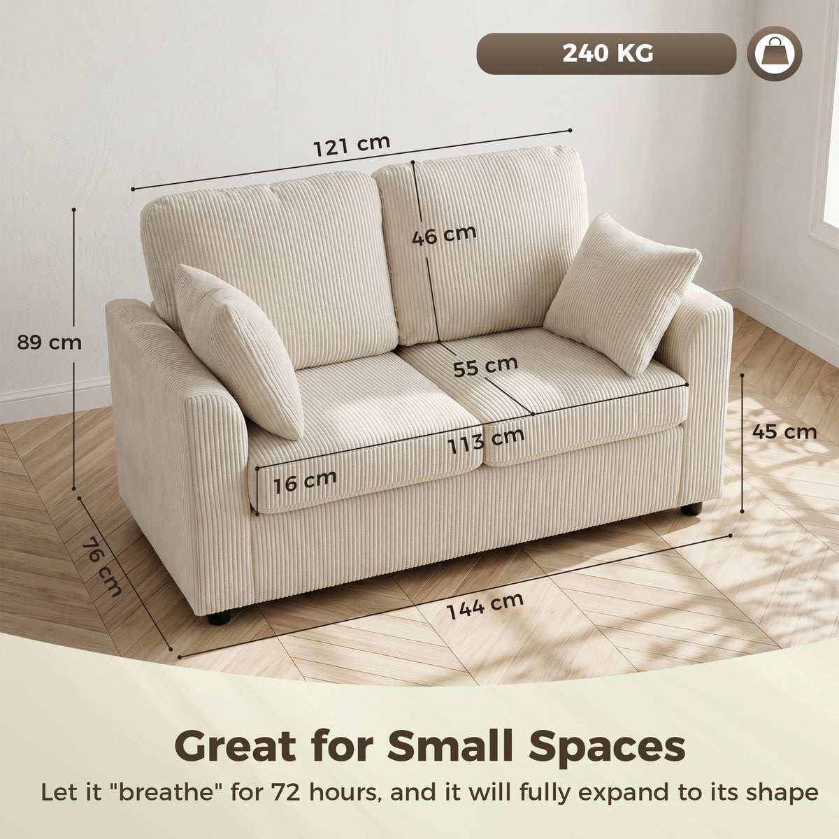 2 Seater Sofa, Corduroy Small Couch with Spring Cushion, Wide and Deep Seat