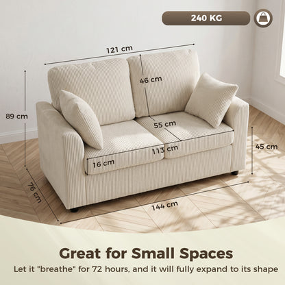 2 Seater Sofa, Corduroy Small Couch with Spring Cushion, Wide and Deep Seat