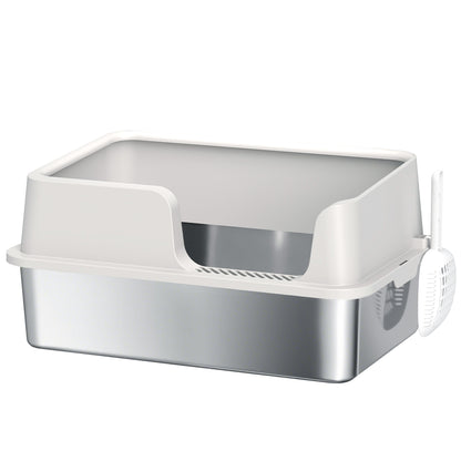 Stainless Steel Litter Box with Detachable Rim, Scoop, Easy Cleaning, Odour-Resistant, 60 x 40 x 28 cm