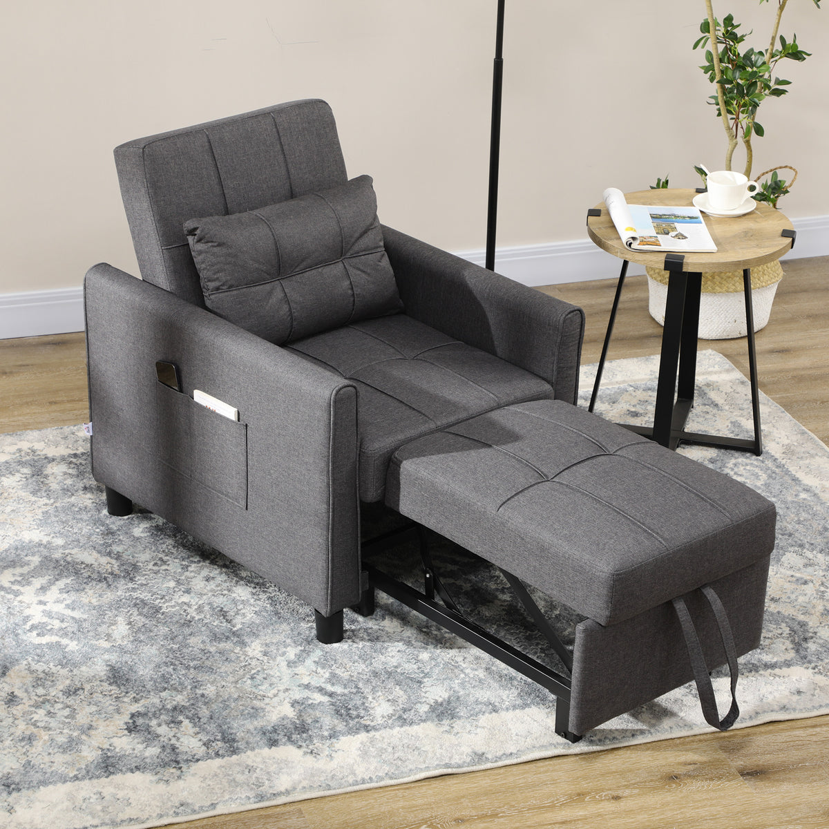 3-In-1 Linen-Look Single Chair Bed with Adjustable Back & Eucalyptus Wood Sofa Frame - Grey
