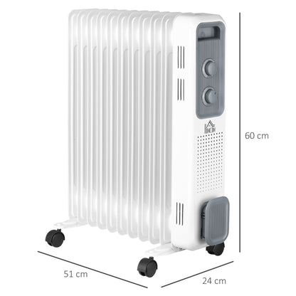 2500W Oil Filled Radiator, 11 Fin, Portable Electric Heater with 3 Heat Settings, Safety Cut-Off and Wheels