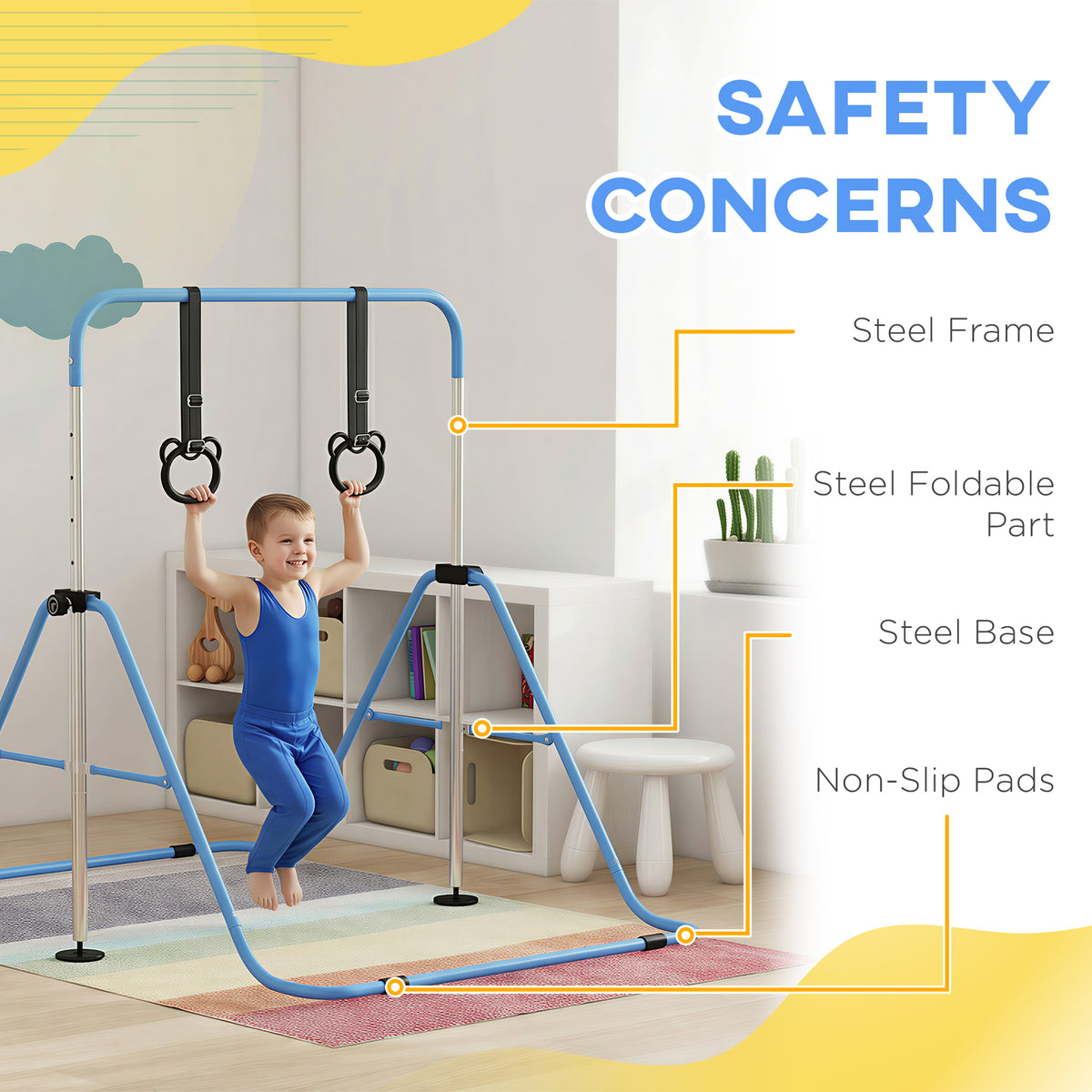 Adjustable Height, Foldable Kids Gymnastics Bar w/ Non-slip Rubber Floor Rings, for 3+ Years