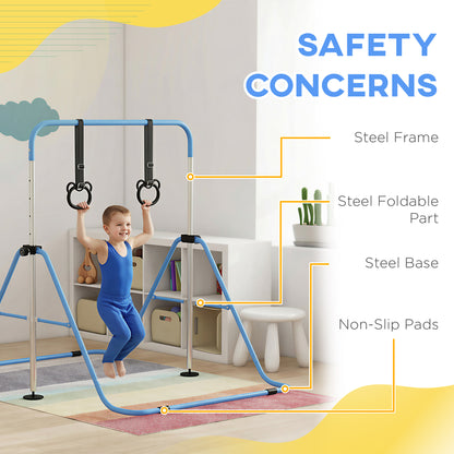 Adjustable Height, Foldable Kids Gymnastics Bar w/ Non-slip Rubber Floor Rings, for 3+ Years
