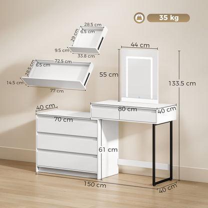 Vanity Makeup Desk LED Mirror Dressing Table Large Storage 5 Drawers White