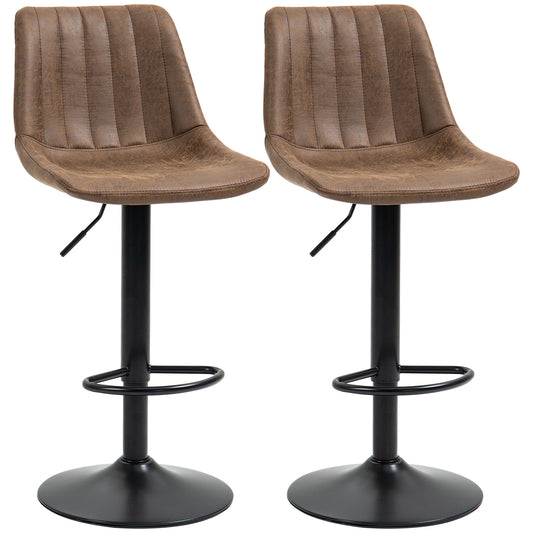 Breakfast Bar Stools Set of 2, 59-80cm Sitting Hight Leather Upholstered Bar Chairs - Brown