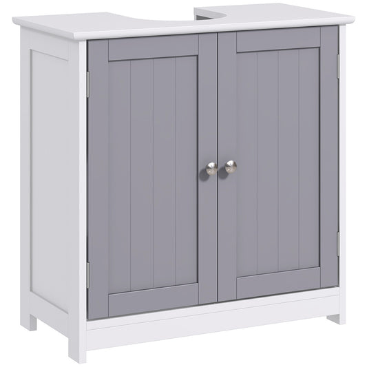 60x60cm Under-Sink Storage Cabinet w/ Adjustable Shelf Handles Drain Hole Bathroom Cabinet Space Saver Organizer White and Grey