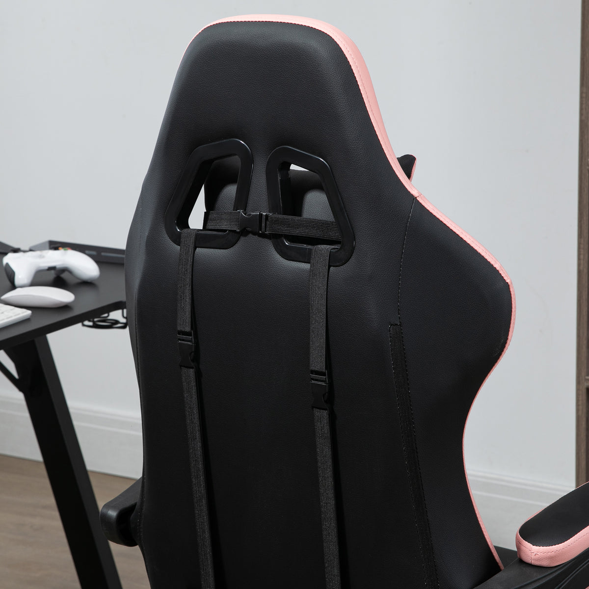 Gaming Chair, Computer Gamer Chair with Reclining High Back, Headrest, Lumbar Support, Footrest, Swivel Wheels, PU Leather, Adjustable Height for Home, Black and Pink