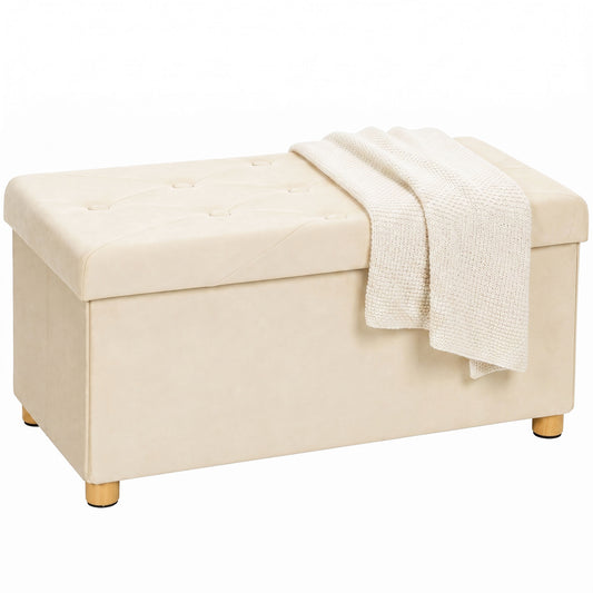 Velvet Upholstered Foldable Ottoman Footrest, Storage Ottoman Bench with Wood Legs for Living Room