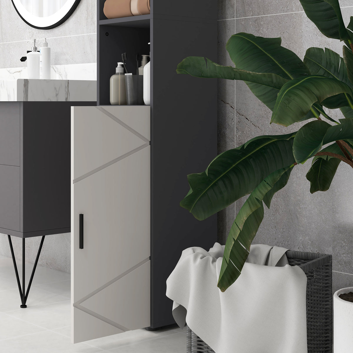 Line Embossed Tall Bathroom Storage Cabinet with Three-position Adjustable Shelves for Minimalist Style