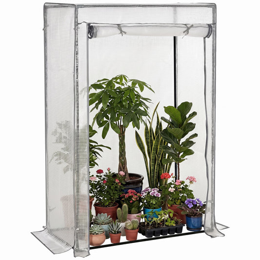 100 x 50 x 150cm Tomato Greenhouse with Roll-up Door, Mini Greenhouse with PE Cover, Outdoor Grow House Small Green House for Yard, Balcony, Garden, White
